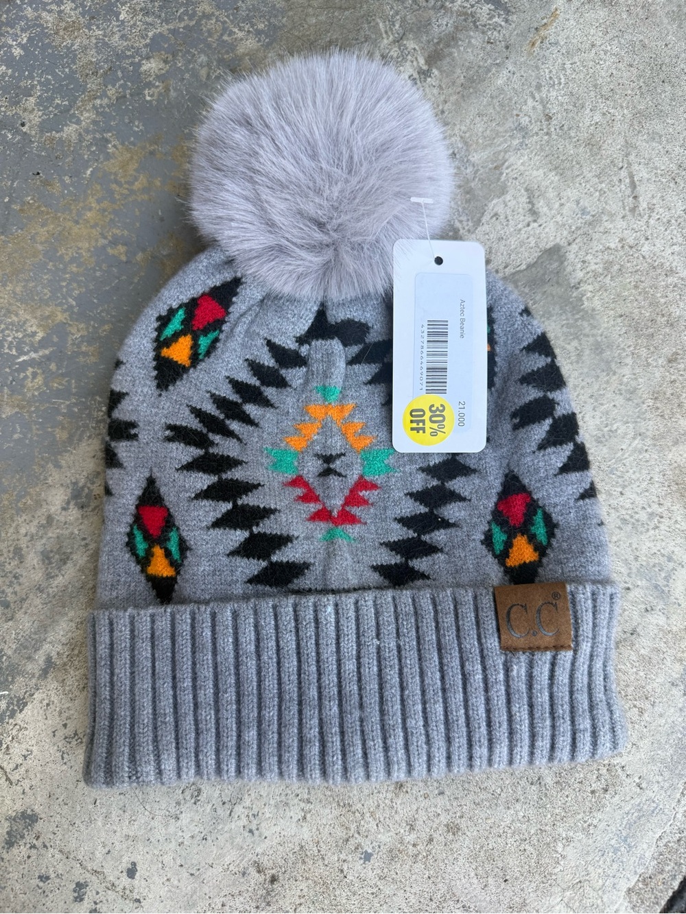 CHANEL Gray Knit Pom-Pom Beanie with Colorful Aztec Pattern